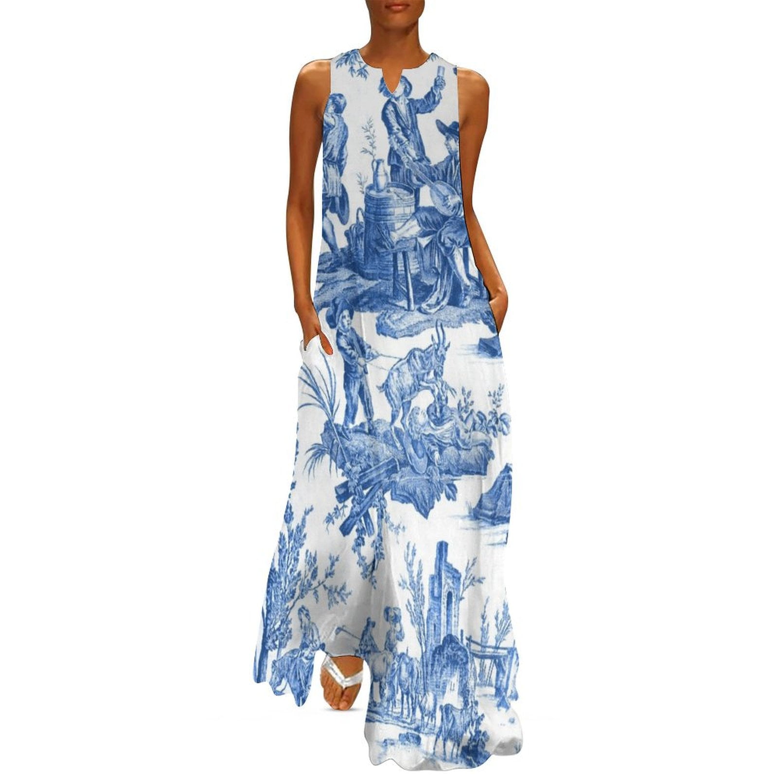 Blue and White Toile de Jouy Long Dress loose wom's dress cute dress Wom's long ladies dresses for wom02 - Walmart.com Blue and White Toile de Jouy Long Dress loose wom's dress cute dress Wom's long ladies dresses for wom02 - Walmart.com