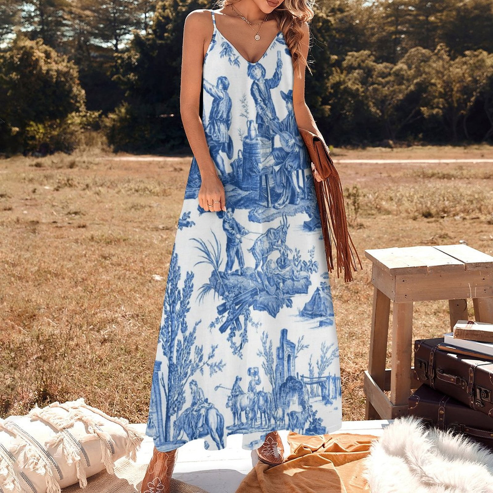 1 state blue and white dress 1. STATE SCENIC LANDSCAPE TIERED DRESS