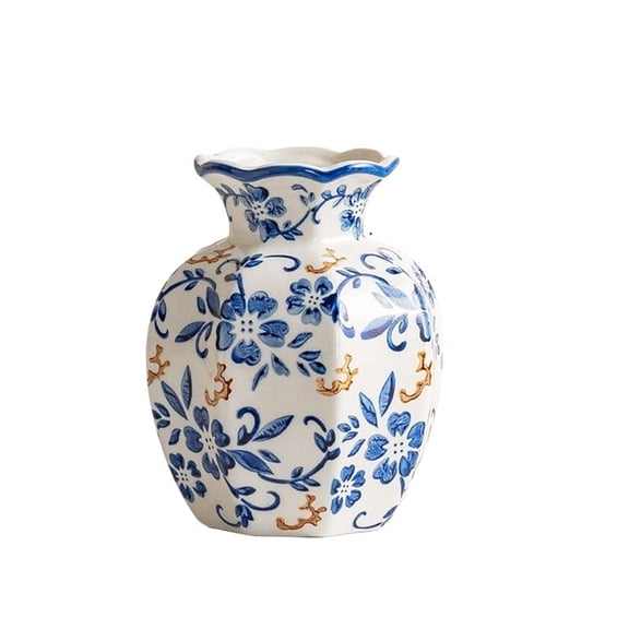 Blue and White Vase, Vintage Ceramic Flower Vessel, Ceramic Vases for Console Table Mantle Chinoiserie Decor