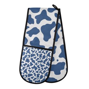 Blue and White Vector Pattern Double Oven Mitt 200C Quilted Cotton Lined Kitchen Pot Holder 35x7in