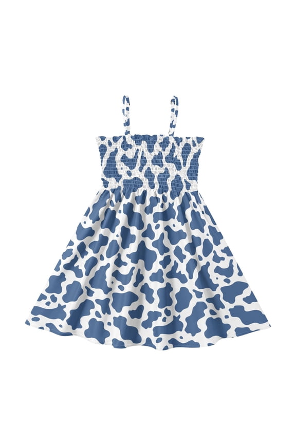 Blue and White Vector Pattern Girls' Casual Dresses 2Y-8Y Sleeveless Ruffle Neck for Summer Daily Wear