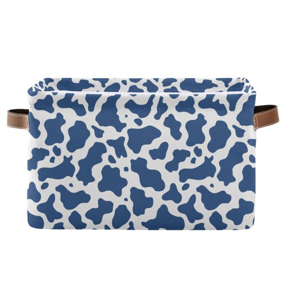 Blue and White Vector Pattern Storage Basket Canvas Waterproof PE Lining PU Leather Handles Collapsible 14.2x10.2x8.3in
