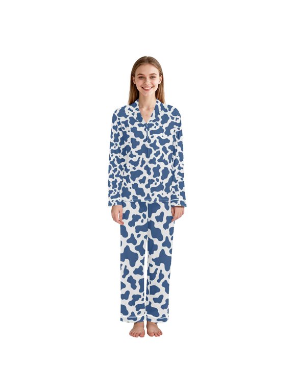 Blue and White Vector Pattern Women Pajama Set Soft Notch Collar Button Down Long Sleeve Lounge Sleepwear Large