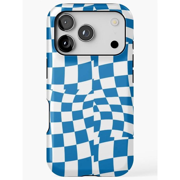Blue and White Warped Checkerboard Optical Wave Tough iPhone Case, Polycarbonate Shell with TPU Liner