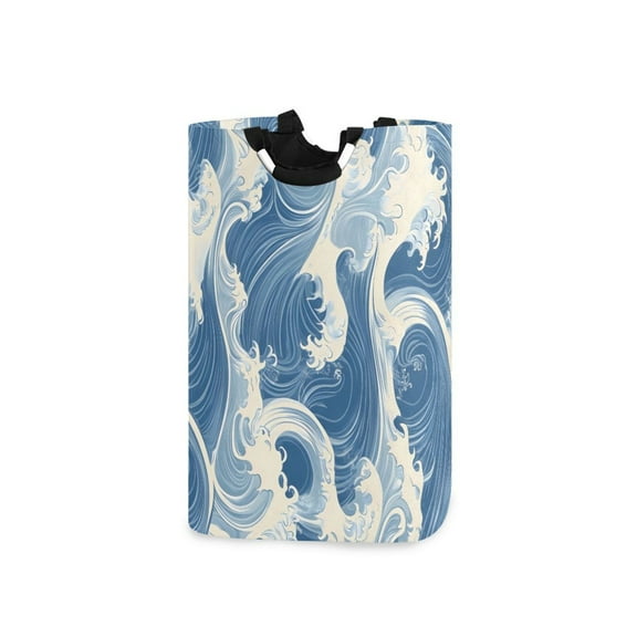 Blue and White Wave Laundry Basket with Handles 50L Collapsible Laundry Hamper for Bathroom Bedroom Laundry Room
