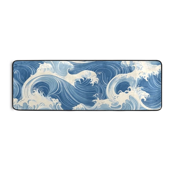 Blue and White Wave Runner Rug for Hallways Kitchen Non Slip 2'x 6' Washable Hall Carpet for Bedroom Entryway Laundry Room