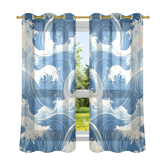Blue and White Wave Semi Sheer Curtains for Living Room Bedroom Set of 2 Insulated Window Drapes