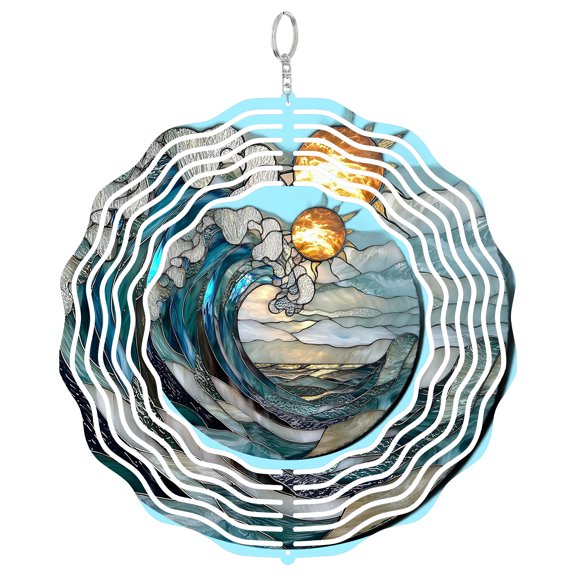 Blue and White Waves Metal Wind Spinner, Kinetic Landscape Panel