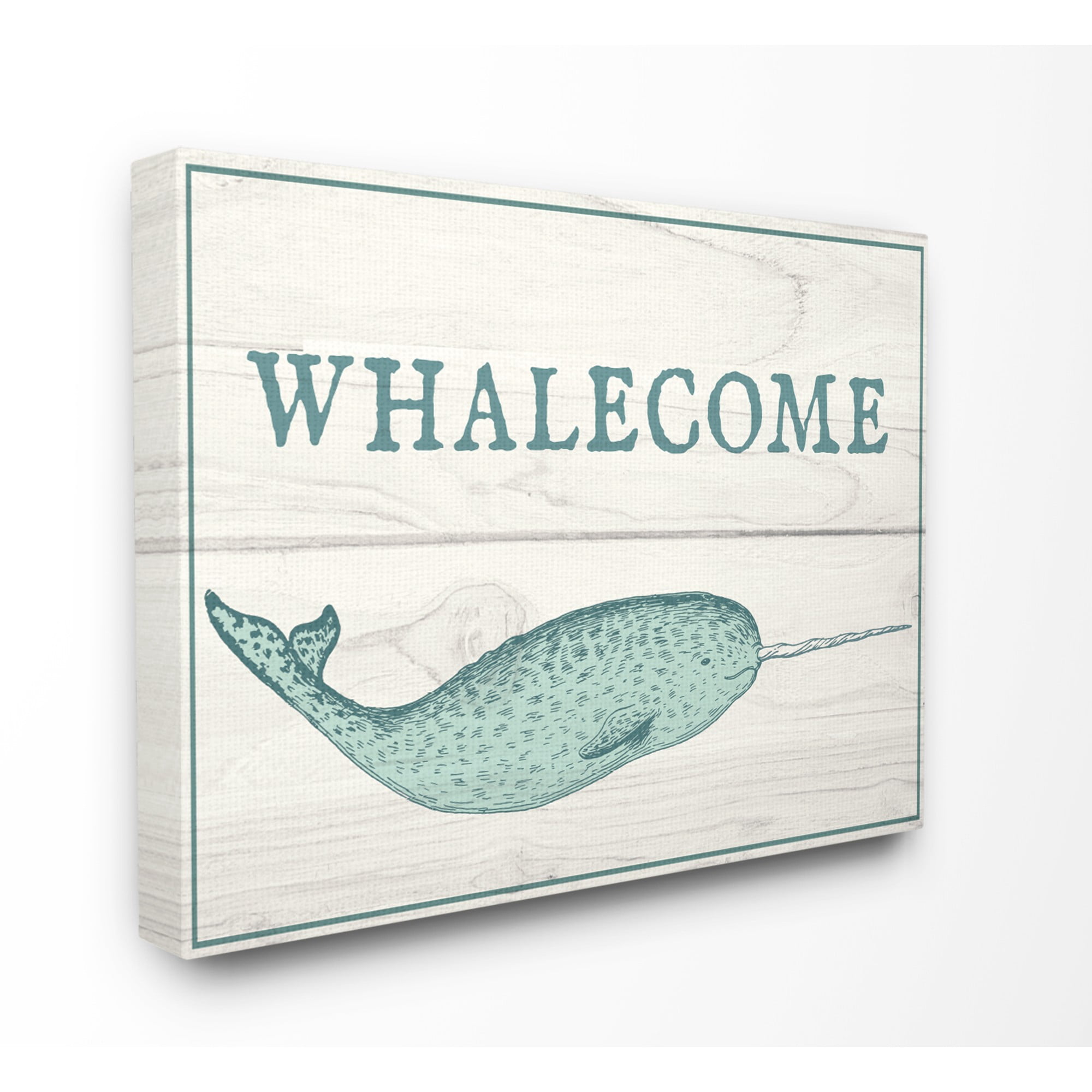 Blue and White Whalecome Welcome Narwhal Planks Stretched Canvas Wall Art, 30 x 1.5 x 40