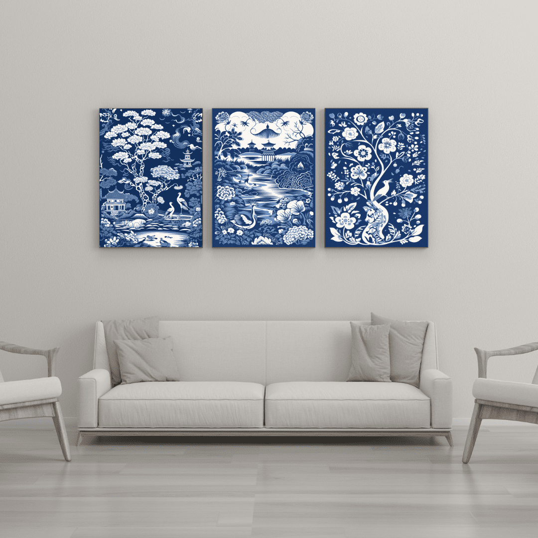 Blue and White Willow Forest- 3 Piece Canvas Wall Art Set - Walmart.com
