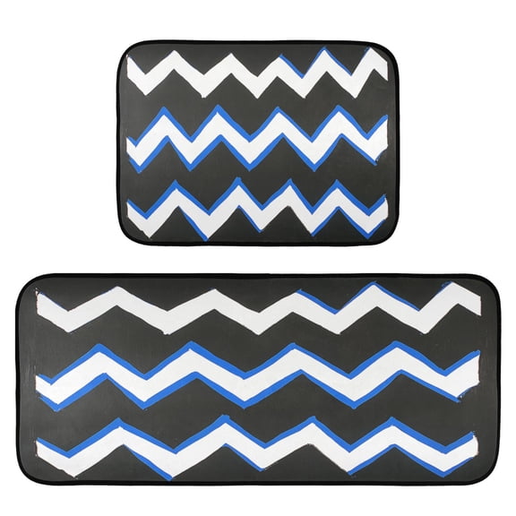 Blue and White Zigzag 2-Piece Kitchen Carpet Mat Set, Non-Slip Memory Foam, Soft for Kitchen and Living Room Use