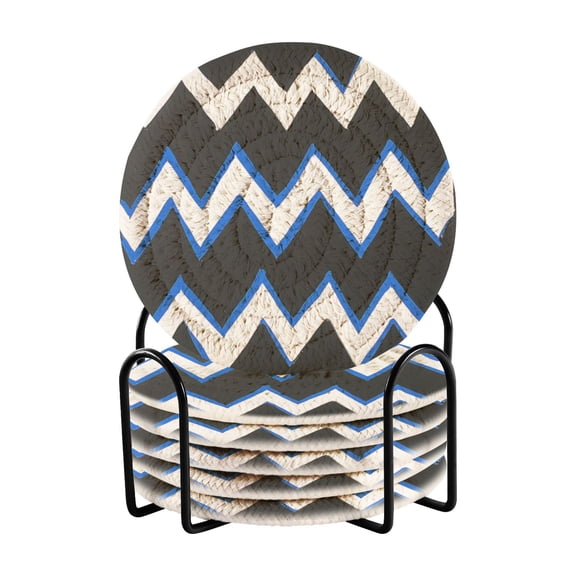 Blue and White Zigzag 4in Bar Coasters Set of 6 with Storage Rack Durable Heat Resistant