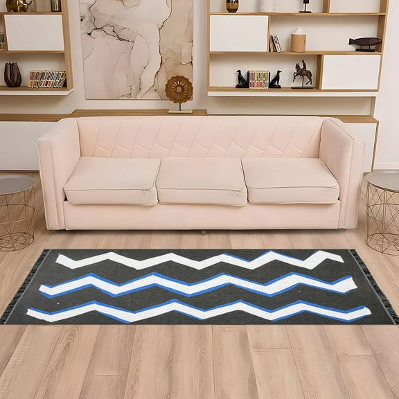 Blue and White Zigzag 72x23.5" Bedroom Runner Rug, Durable and Non-Slip for Hallways and Living Rooms
