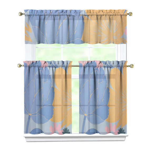 Blue and Yellow Block Flowers Kitchen Curtain Valance 3 Piece Set Short Curtain Sink Window Decor 36 Inch Small Window Treatment Tier 27.5x36 Length