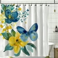 Blue and Yellow Butterfly Shower Curtain Modern Floral Bathroom Decor White Background Stylish