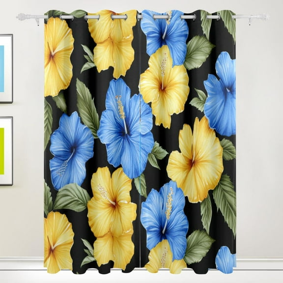 Blue and Yellow Floral Blackout Curtains for Living Room Bedroom 55W x 72/84L Insulated Window Drapes 2 Panels