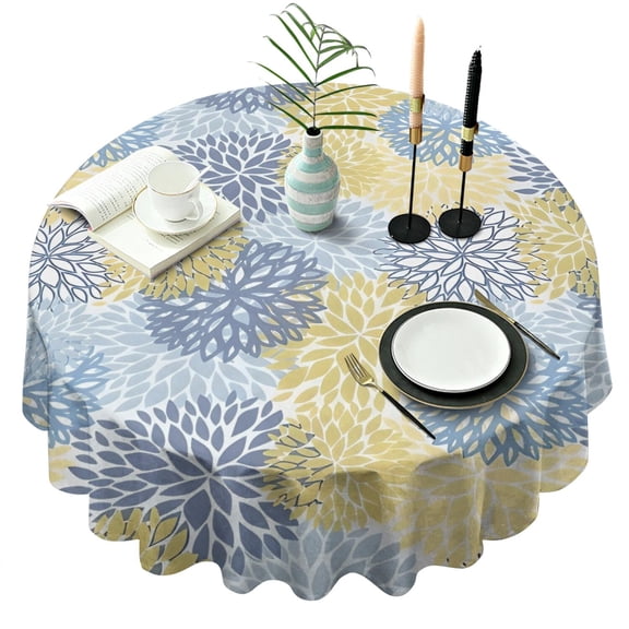 Blue and Yellow Floral Pattern Round Tablecloth 60"x60",Wrinkle Wipeable Table Cloth for Kitchen Dining Room Picnic Patio Party