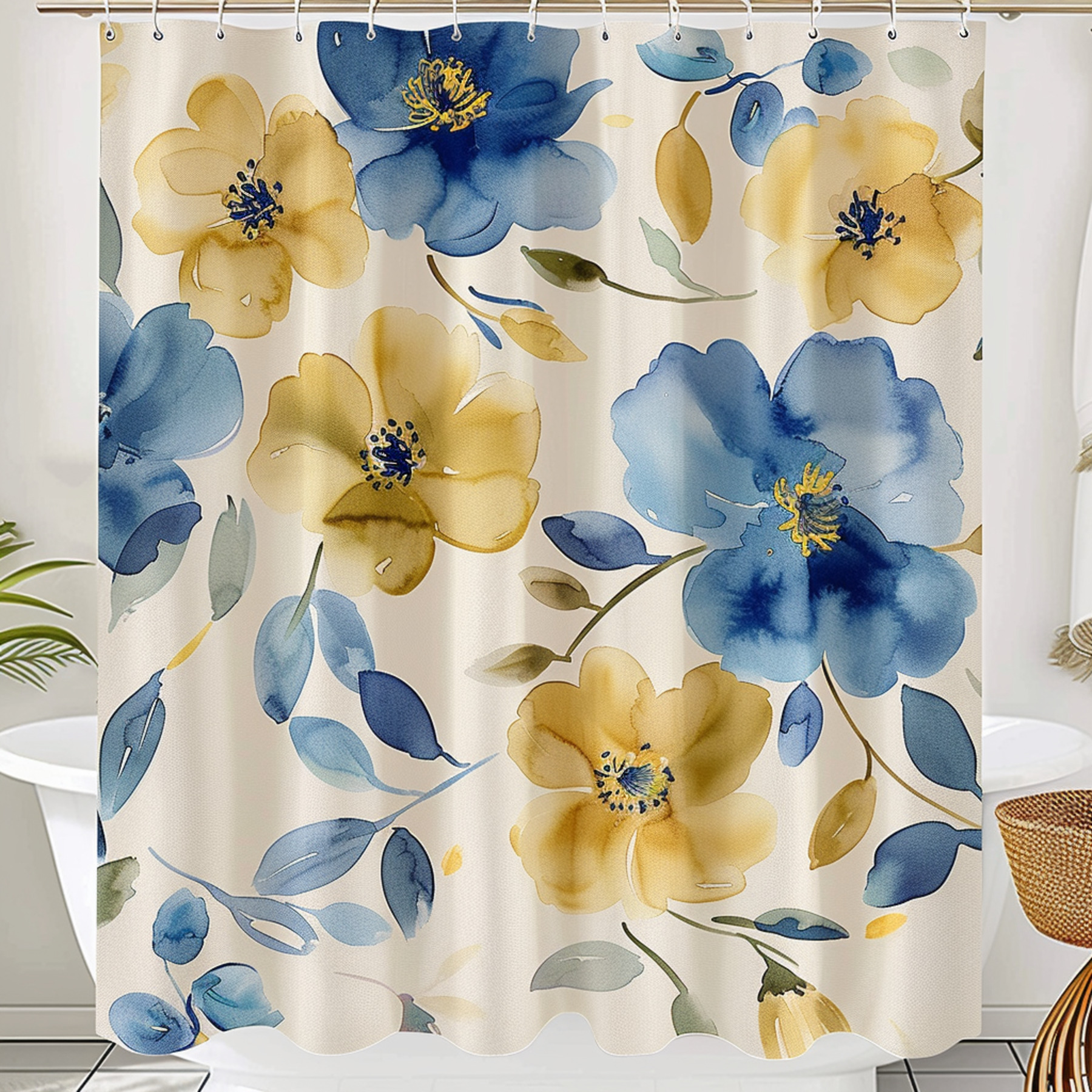 Blue and Yellow Floral Shower Curtain with Beige Background Bathroom