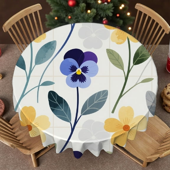 Blue and Yellow Flower tablecloth round,  -  Holiday-Themed Design Tablecloth for dining table, Cafe,  picnic,60x60 Inch