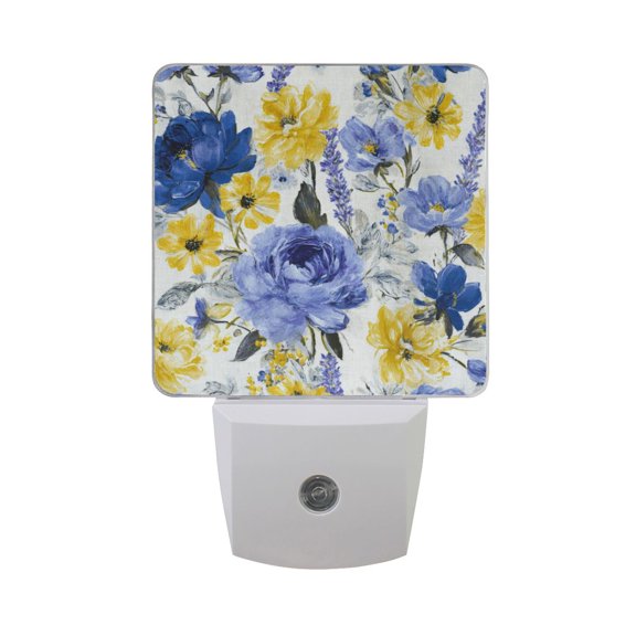 Blue and Yellow Flowers Elegant Texture LED Night Light Sensor Lamp Plug-in Adjustable Brightness 2 Pack