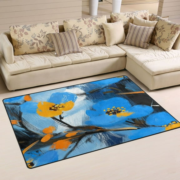 Blue and Yellow Flowers Soft Polyester Area Rug 60''x39'', Non Slip, Memory Foam, Water Absorbent