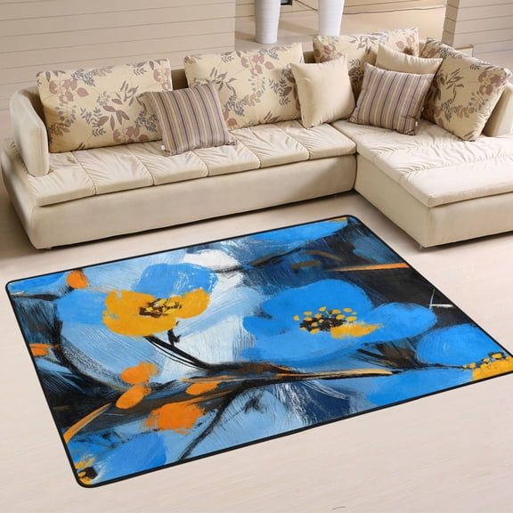 Blue and Yellow Flowers Soft Polyester Area Rug 72''x48'', Non Slip, Memory Foam, Water Absorbent