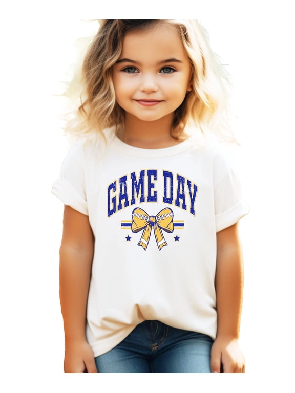 Blue and Yellow Game Day Shirt for Women, Teens & Kids Team Colors Football Bow Graphic Tee Natural Shirt 4T