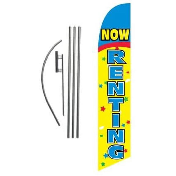 Blue and Yellow Now Renting Advertising Feather Banner Swooper Flag Sign with Flag Pole Kit and Ground Stake