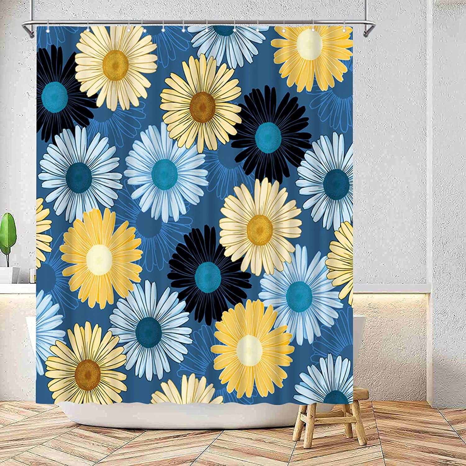 Blue And Yellow Shower Curtains Blue and Yellow Shower Curtain Navy Blue Daisy Floral Bathroom Curtain