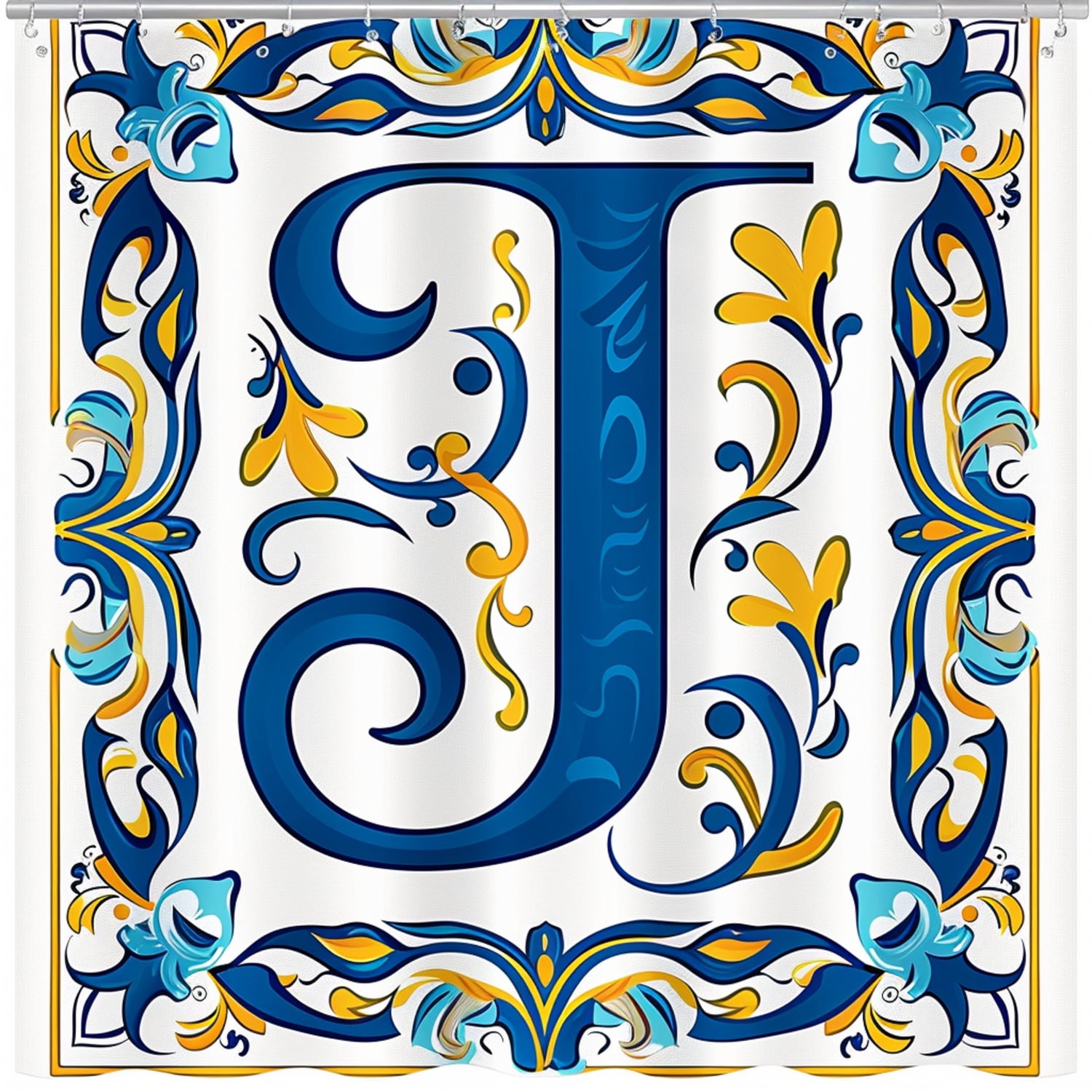 Blue and Yellow Spanish Style Shower Curtain with Intricate Patterns