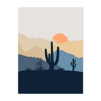 Blue and beige desert sunrise - Illustration Desert Cactus Sunset Minimalist Landscape Nature Scenic Unframed Wall Art Print 5 x 7 inches