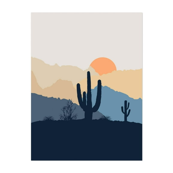 Blue and beige desert sunrise - Illustration Desert Cactus Sunset Minimalist Landscape Nature Scenic Unframed Wall Art Print 5 x 7 inches