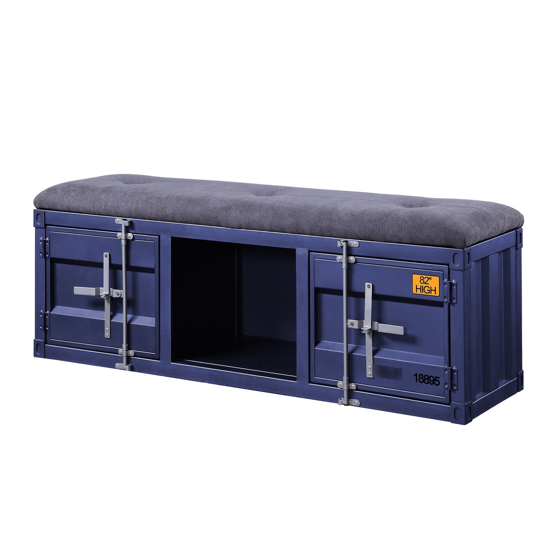 Blue and grey industrial storage bench with open shelf for living room ...
