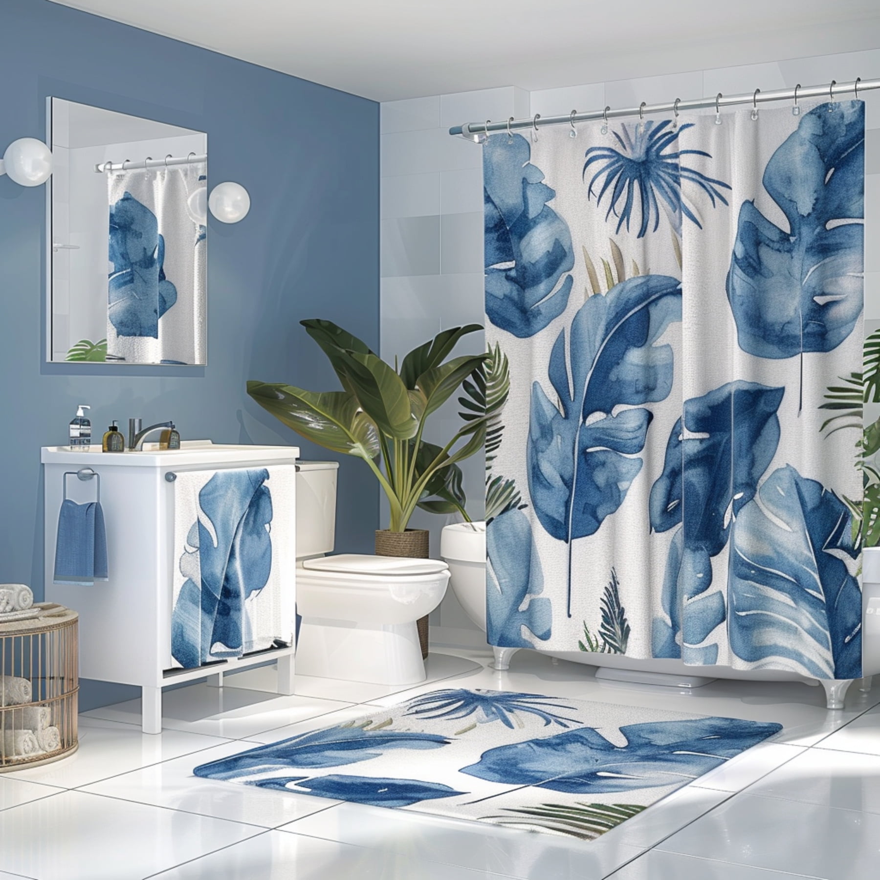 Blue and white bathroom set with leaf print curtain and wall art for a