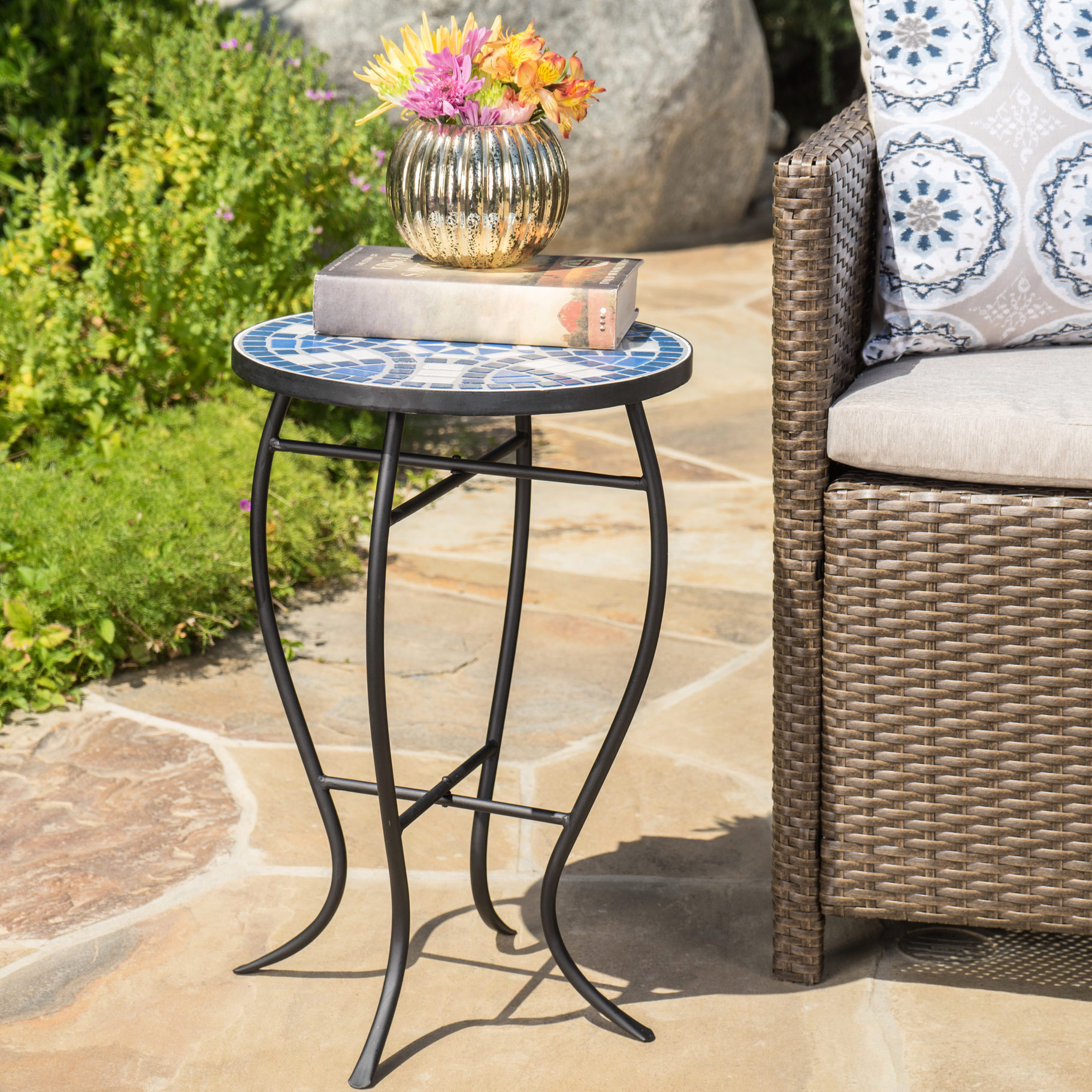 Blue and white ceramic mosaic tabletop | Outdoor setting, enhances the ...