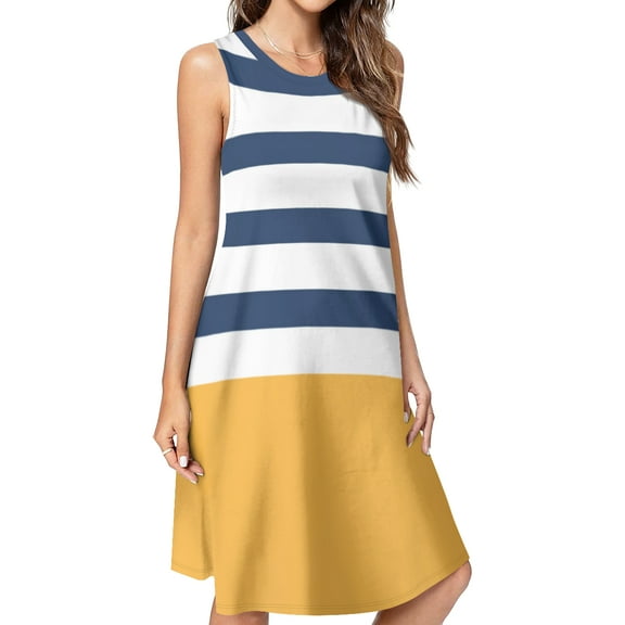 Blue and white stripes with yellow Spring Summer Dresses for Women Fashion T-shirt Dress Casual Sleeveless Loose Sundress with Pockets