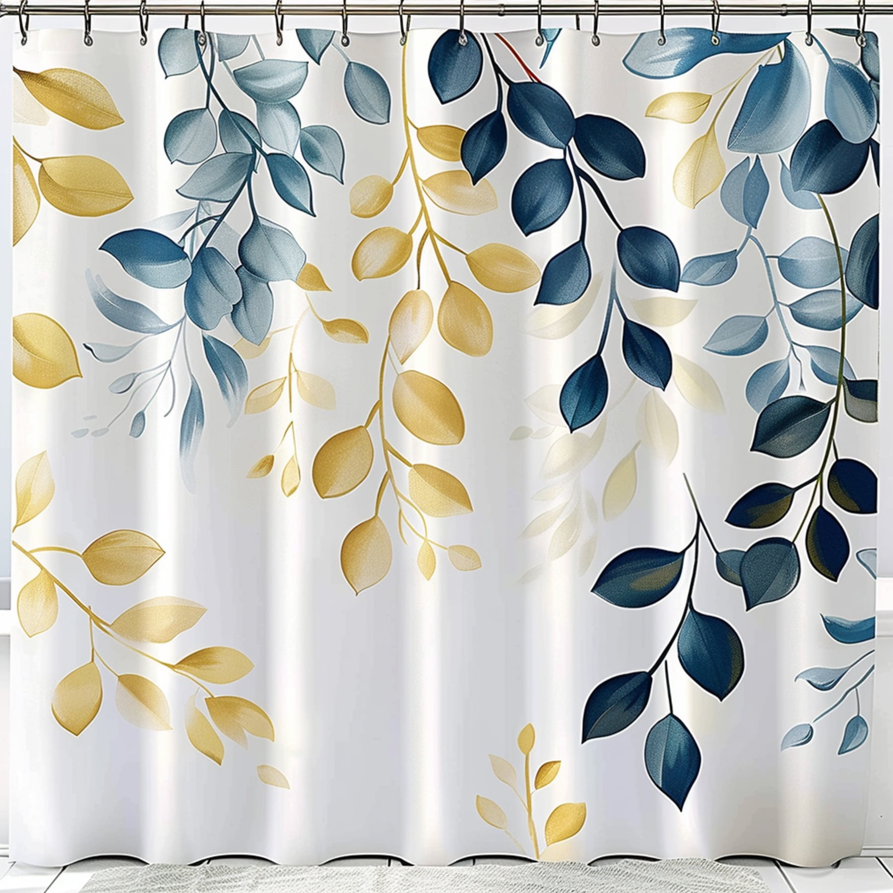 Blue and yellow floral shower curtain with cascading leaves on a white
