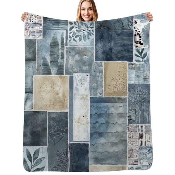 Blue beige abstract patchwork art Soft Blanket Travel Bedding Throws Flannel Bedspread Sofa Bed Cover