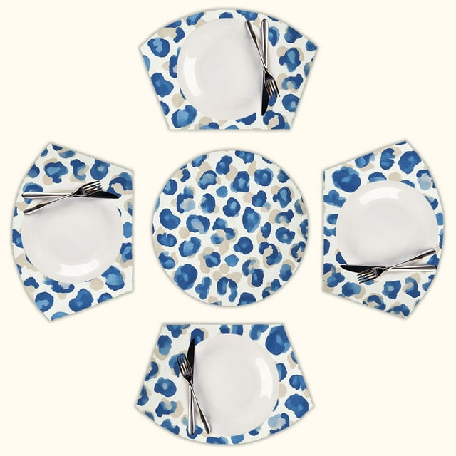 Blue beige watercolor cheetah print Round Table Placemats Set Of 5