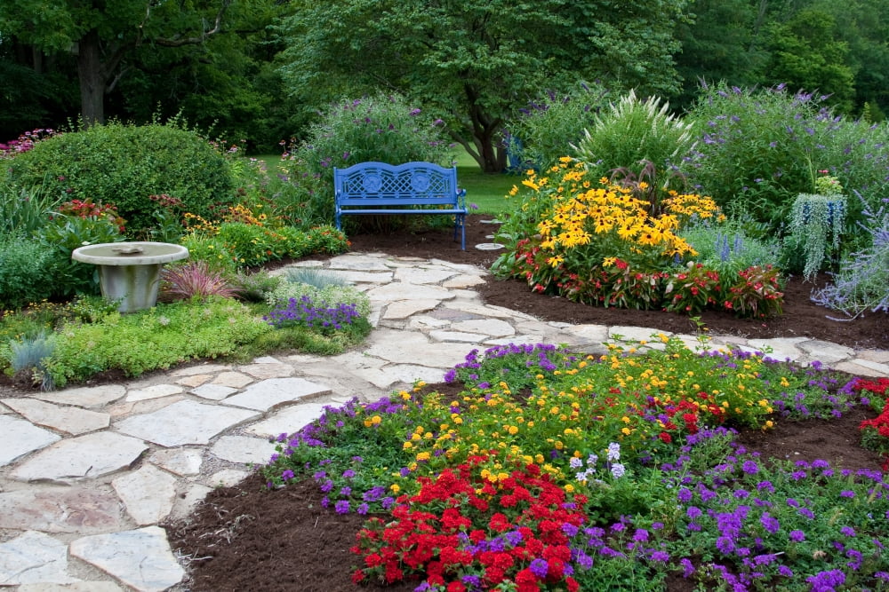 Blue bench birdbath and stone path in a flower garden Marion County Illinois USA Canvas Art - Panoramic Images (24 x 36)