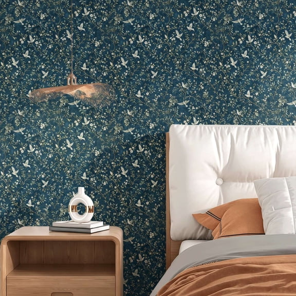 Blue bird and floral pattern wallpaper.Vintage Chinoiserie style.Suitable for interior wall or cabinet.Elegant navy textured finish.