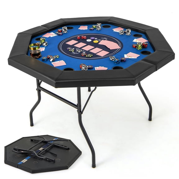Blue+black Foldable Octagon Poker Table for 8 Players - Blue and Black