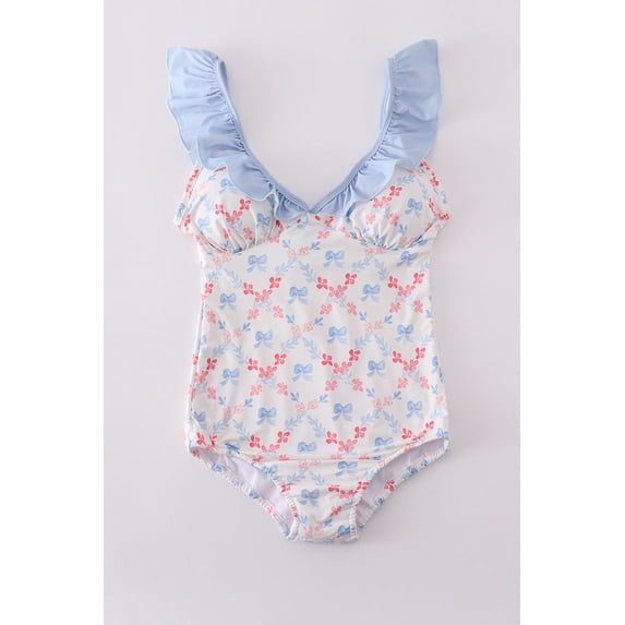 Blue bow lattice print mom swimsuit (M)