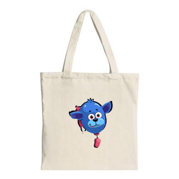 Blue cartoon character tote bag with large ears smiling face and red tail Perfect for shopping travel and parties