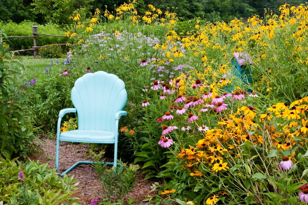 Blue chair and various flowers in a garden Marion County Illinois USA Canvas Art - Panoramic Images (24 x 36)