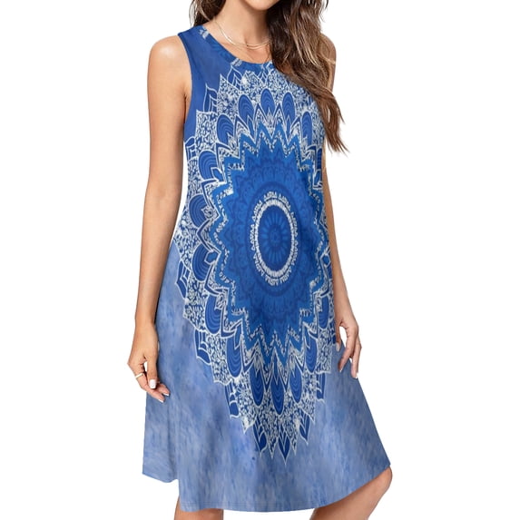 Blue circle floral mandala texture Spring Summer Dresses for Women Fashion T-shirt Dress Casual Sleeveless Loose Sundress with Pockets