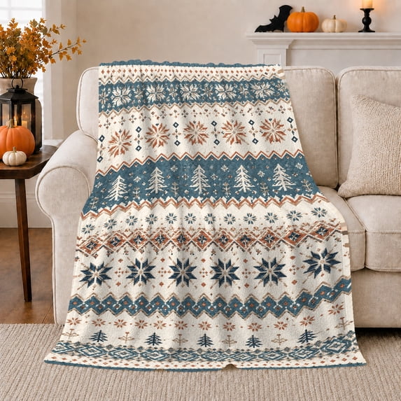 Blue cream Nordic snowflake trees Flannel Blanket for bedroom cabin living room reading nook Home Decor Scandinavian winter folk stripe lodge art Gift for families