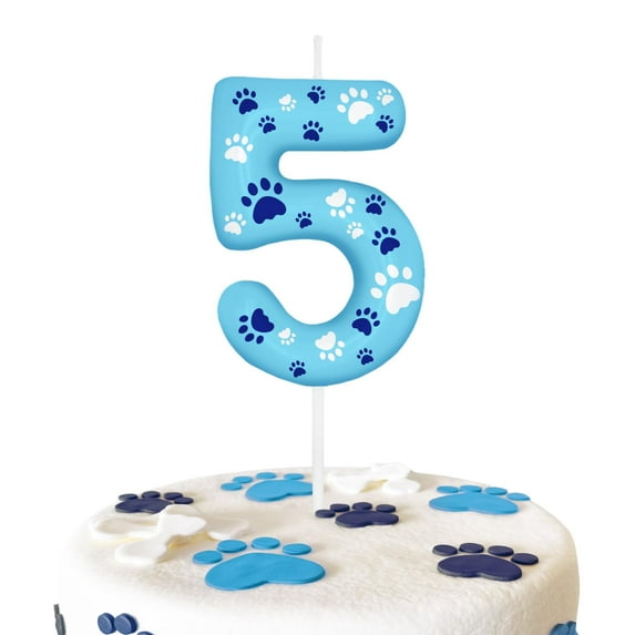 Blue dog paw 5 number birthday candle (number 5 candle), suitable for dog birthday number candles, blue party decorations, birthday cake decorations