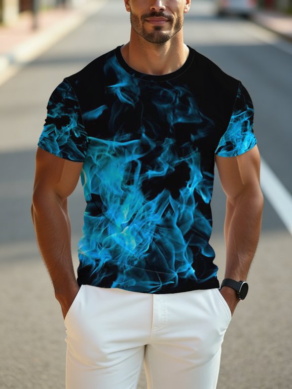 Blue flame print T-shirt, men's casual street style cool and fashionable top, suitable for daily wear, birthday parties, and as a holiday gift