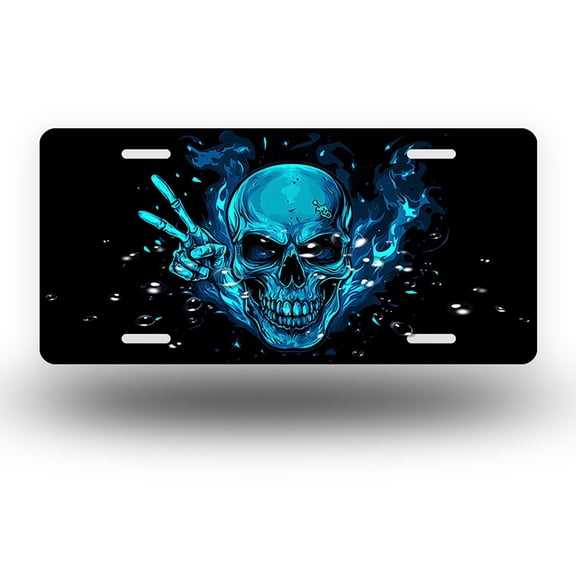 Blue flame skull hand gesture Front License Plate,Metal License Plate,Funny Standard Plates Personalized Novelty Decorative For Men/Women/Boys/Girls Car 6×12 Inch